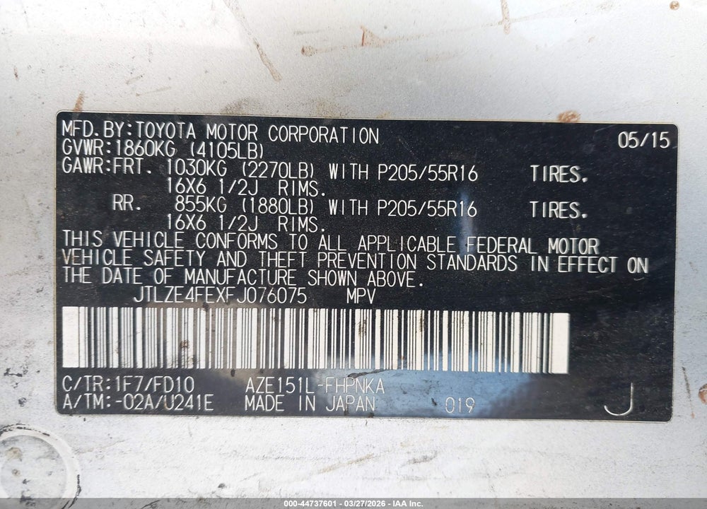 2015 SCION XB VIN: JTLZE4FEXFJ076075