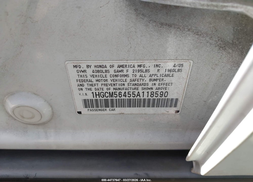 2005 HONDA ACCORD 2.4 LX VIN: 1HGCM56455A118590