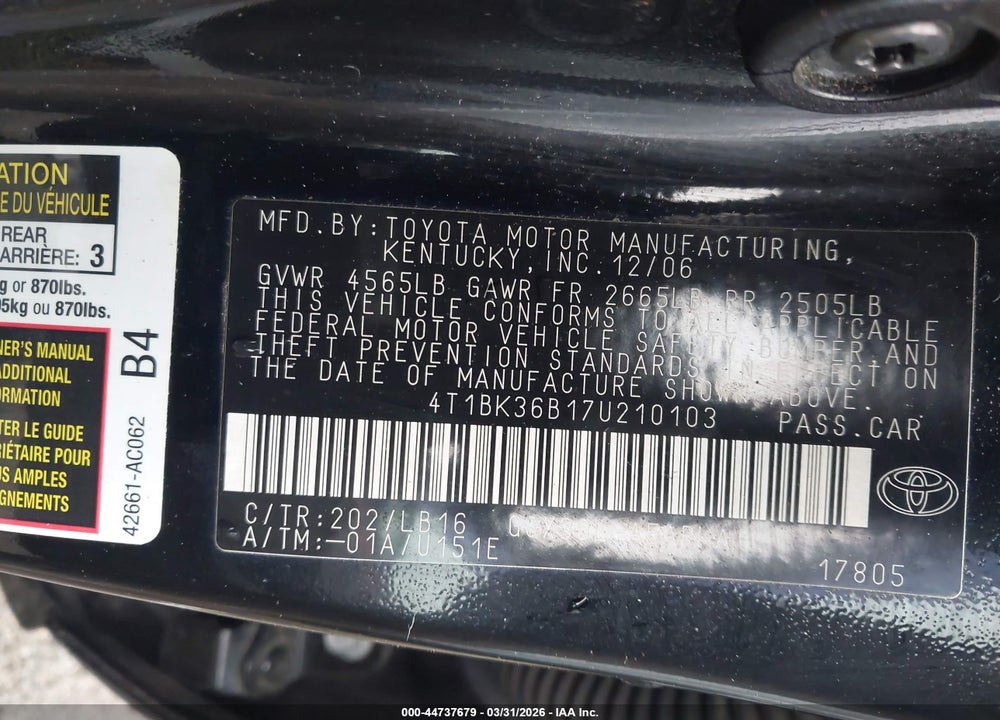 2007 TOYOTA AVALON LIMITED VIN: 4T1BK36B17U210103