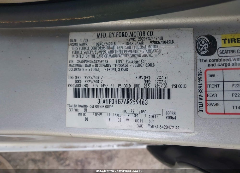 2010 FORD FUSION SE VIN: 3FAHP0HG7AR259463
