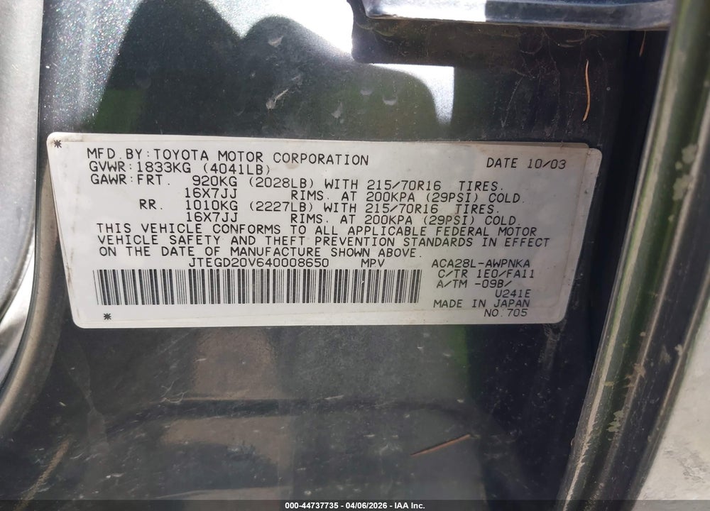 2004 TOYOTA RAV4 VIN: JTEGD20V640008650