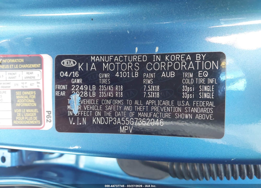 2016 KIA SOUL + VIN: KNDJP3A55G7362046