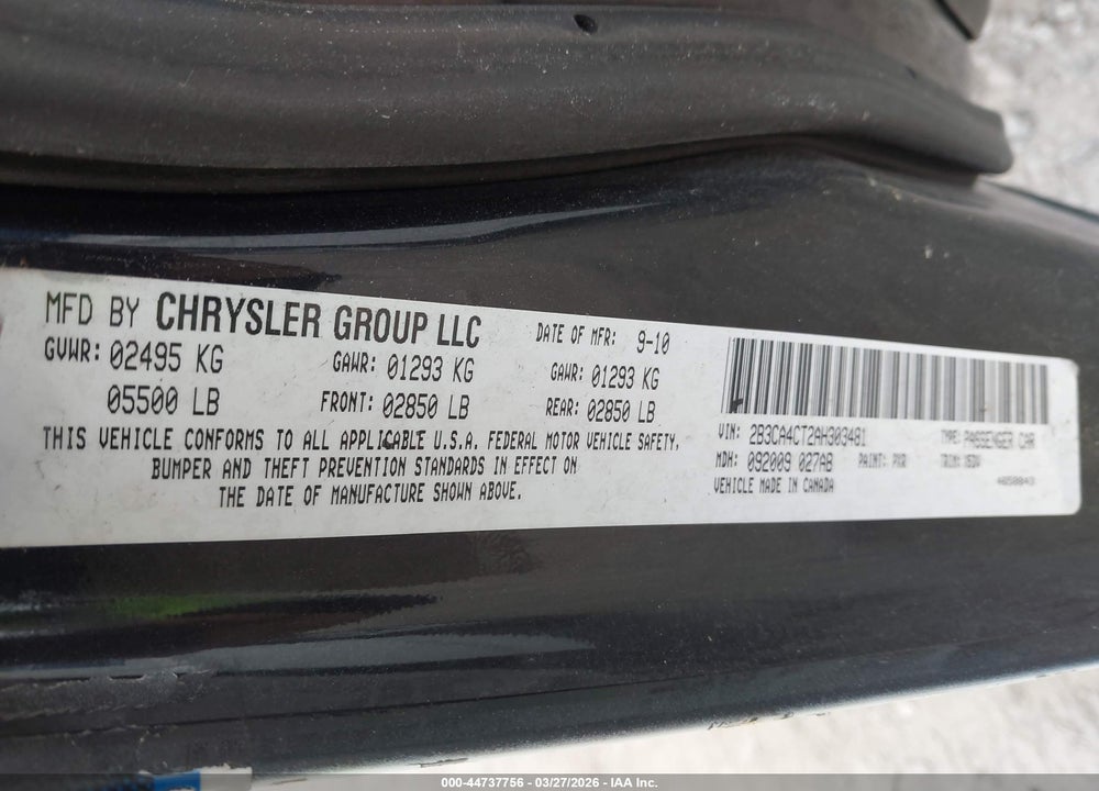 2010 DODGE CHARGER VIN: 2B3CA4CT2AH303481