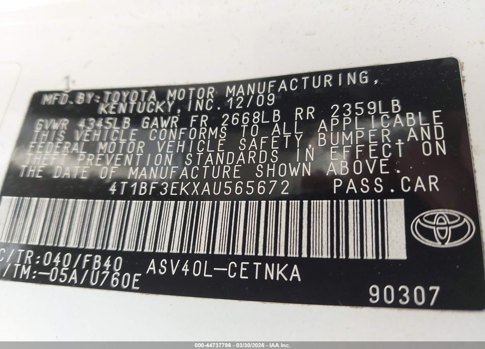 2010 TOYOTA CAMRY LE VIN: 4T1BF3EKXAU565672