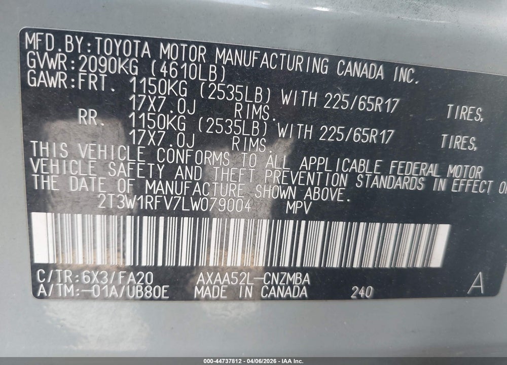 2020 TOYOTA RAV4 XLE VIN: 2T3W1RFV7LW079004