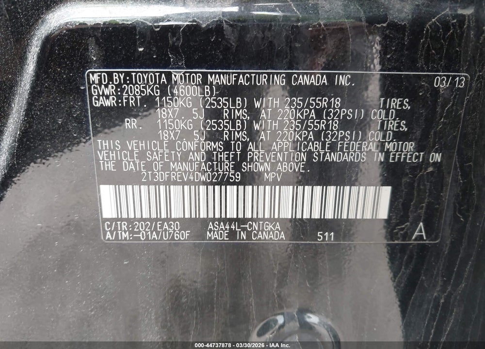 2013 TOYOTA RAV4 LIMITED VIN: 2T3DFREV4DW027759