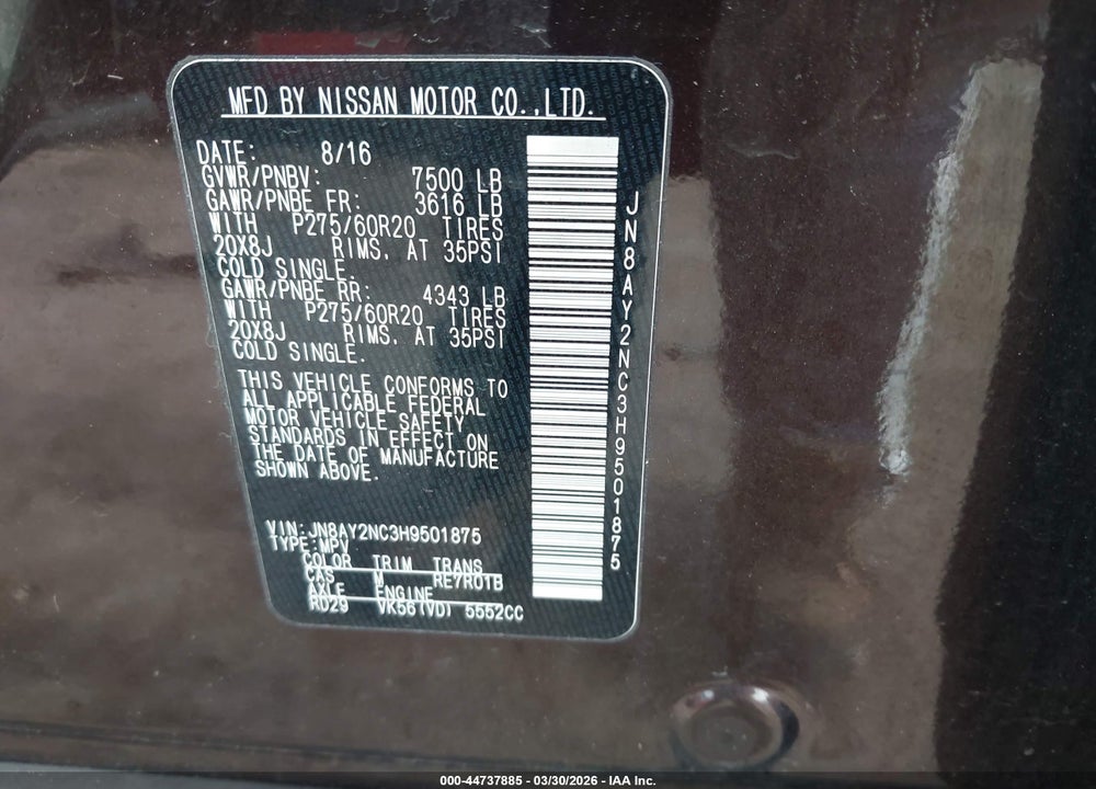 2017 NISSAN ARMADA PLATINUM VIN: JN8AY2NC3H9501875