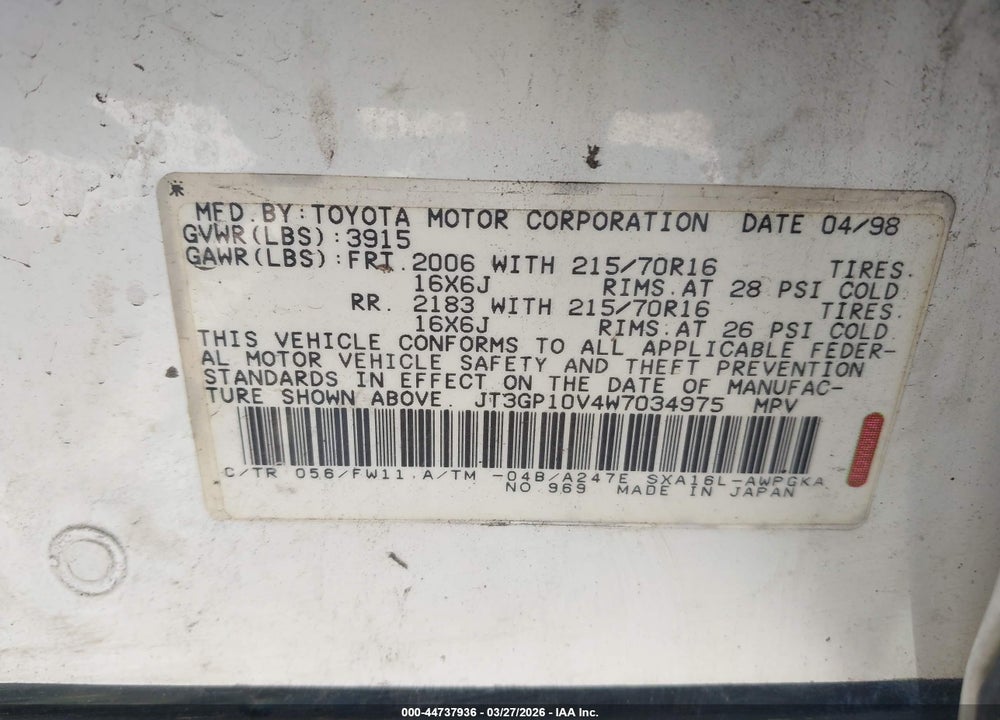 1998 TOYOTA RAV4 VIN: JT3GP10V4W7034975