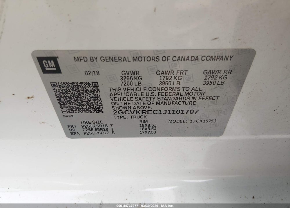 2018 CHEVROLET SILVERADO 1500 2LT VIN: 2GCVKREC1J1101707