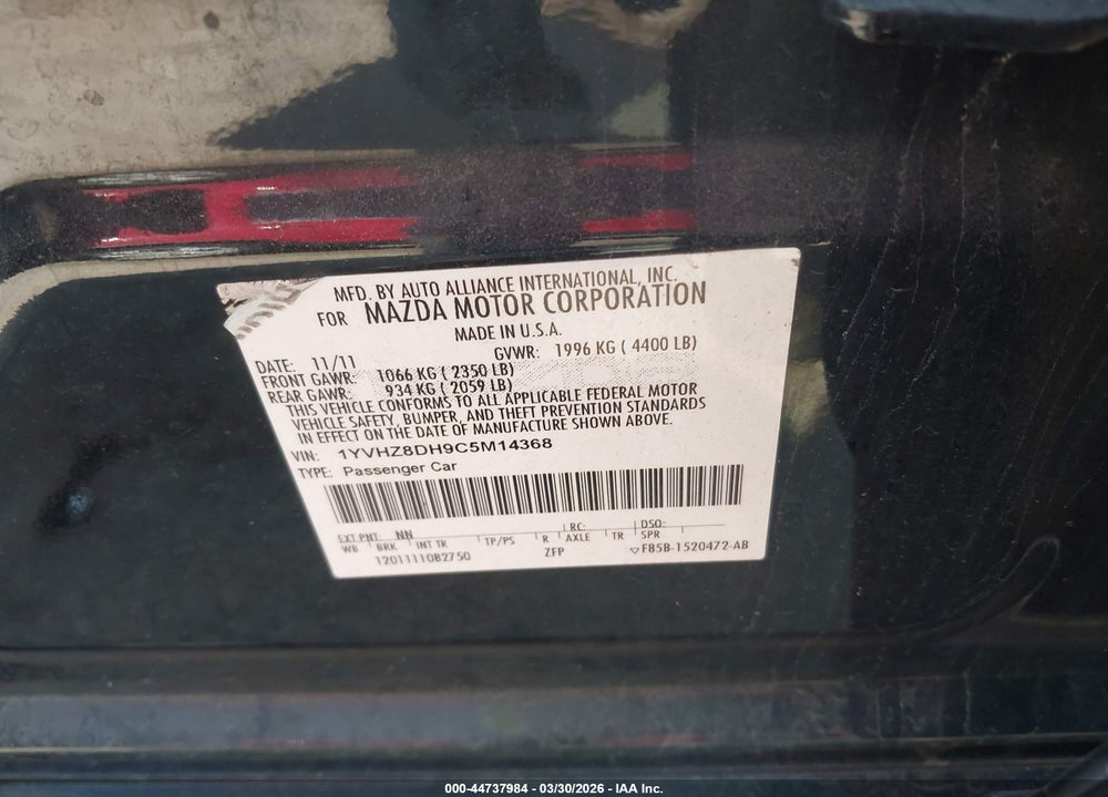 2012 MAZDA 6 I TOURING VIN: 1YVHZ8DH9C5M14368