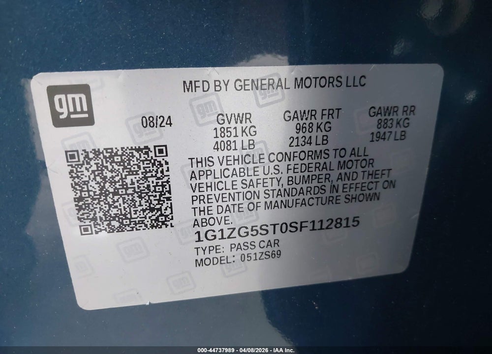 2025 CHEVROLET MALIBU FWD RS VIN: 1G1ZG5ST0SF112815