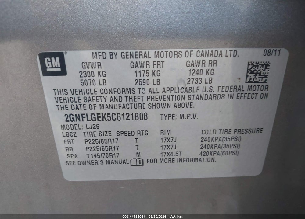 2012 CHEVROLET EQUINOX LTZ VIN: 2GNFLGEK5C6121808