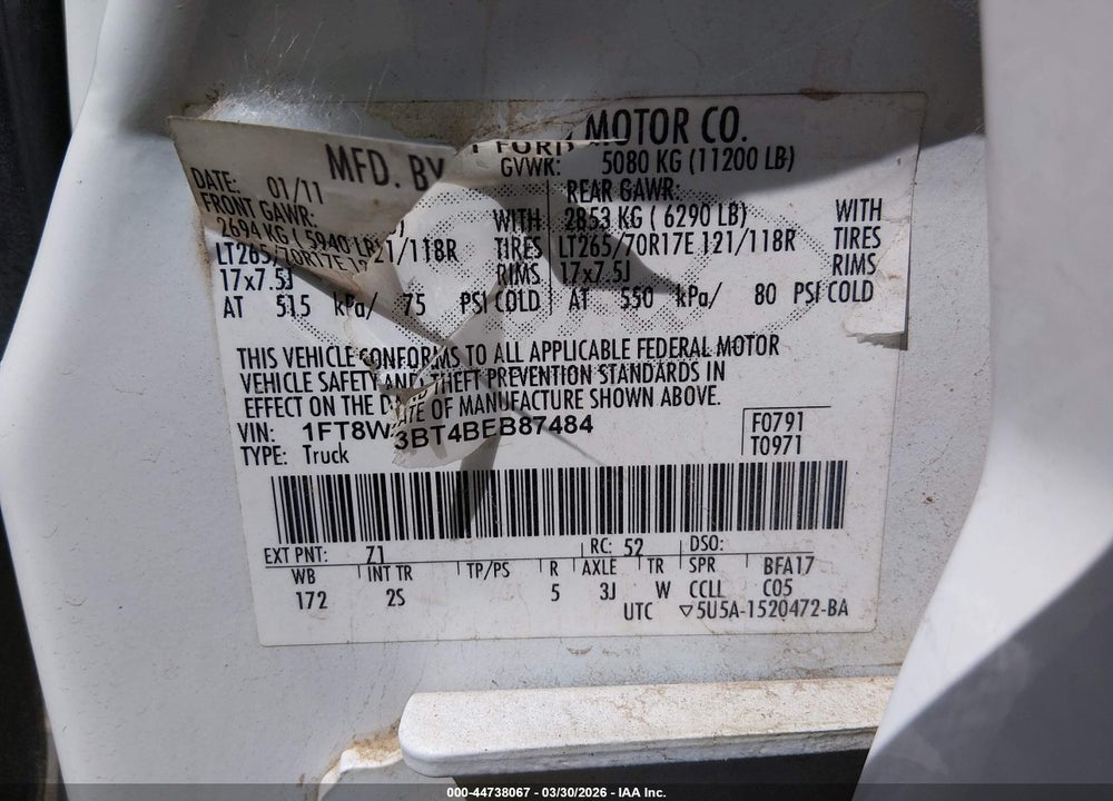 2011 FORD F-350 XL VIN: 1FT8W3BT4BEB87484