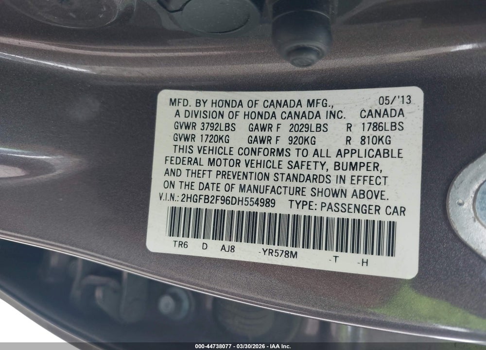 2013 HONDA CIVIC EX-L VIN: 2HGFB2F96DH554989