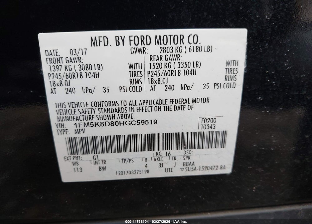 2017 FORD EXPLORER XLT VIN: 1FM5K8D80HGC59519