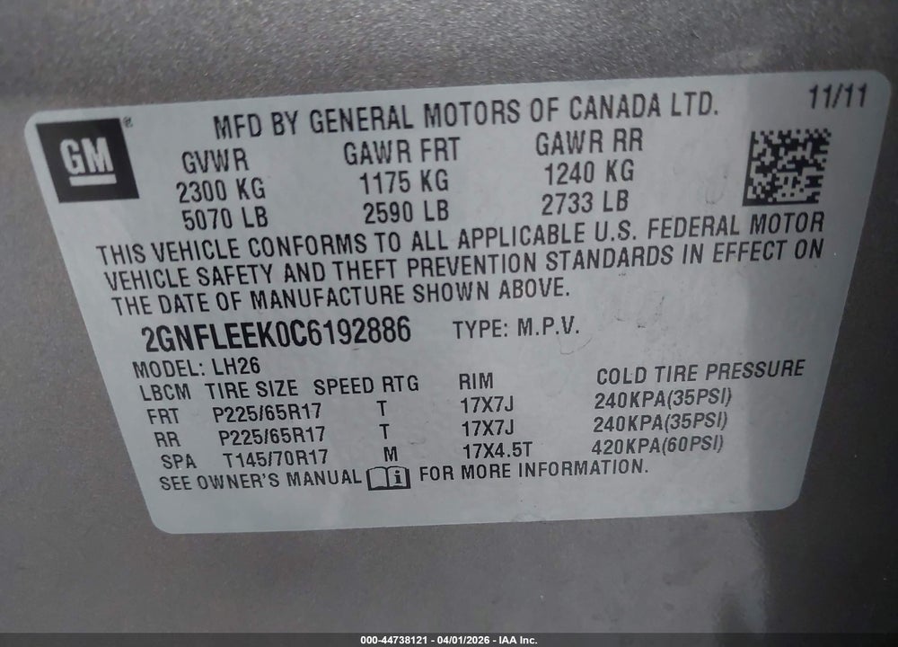 2012 CHEVROLET EQUINOX 1LT VIN: 2GNFLEEK0C6192886