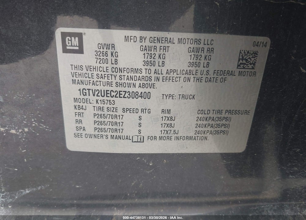 2014 GMC SIERRA 1500 SLE VIN: 1GTV2UEC2EZ308400