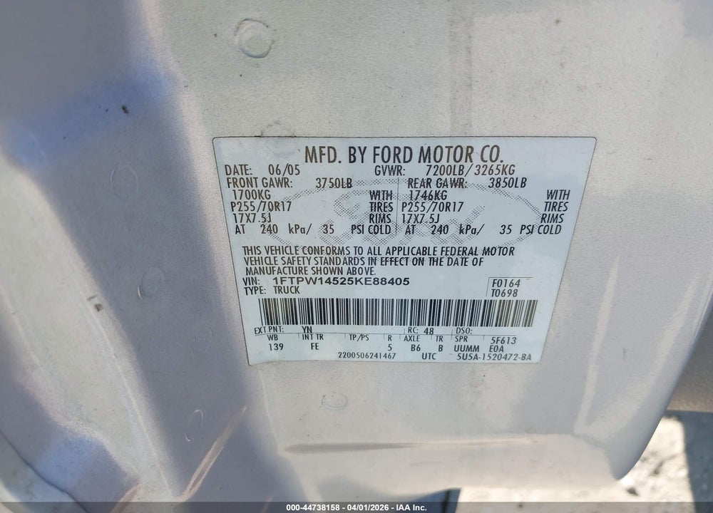 2005 FORD F-150 FX4/LARIAT/XLT VIN: 1FTPW14525KE88405