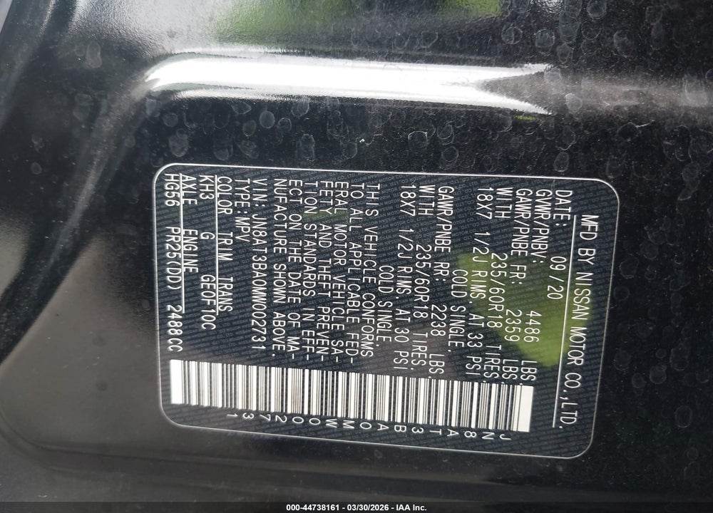 2021 NISSAN ROGUE SV FWD VIN: JN8AT3BA0MW002731