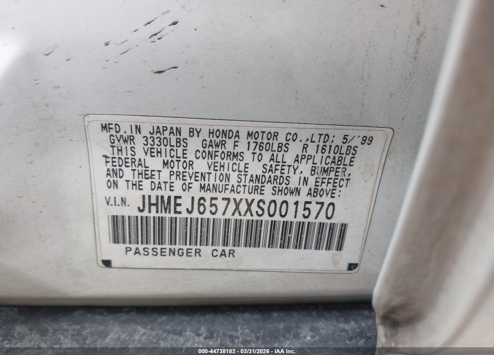 1999 HONDA CIVIC LX VIN: JHMEJ657XXS001570
