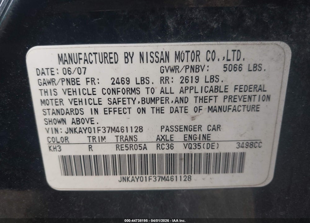 2007 INFINITI M35X VIN: JNKAY01F37M461128