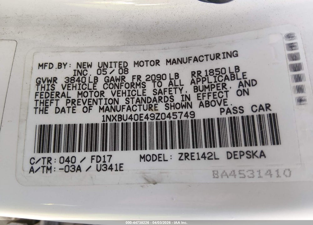 2009 TOYOTA COROLLA S VIN: 1NXBU40E49Z045749