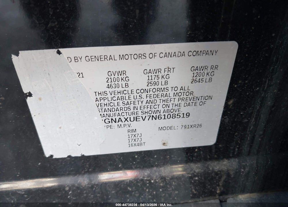2022 CHEVROLET EQUINOX AWD LT VIN: 2GNAXUEV7N6108519