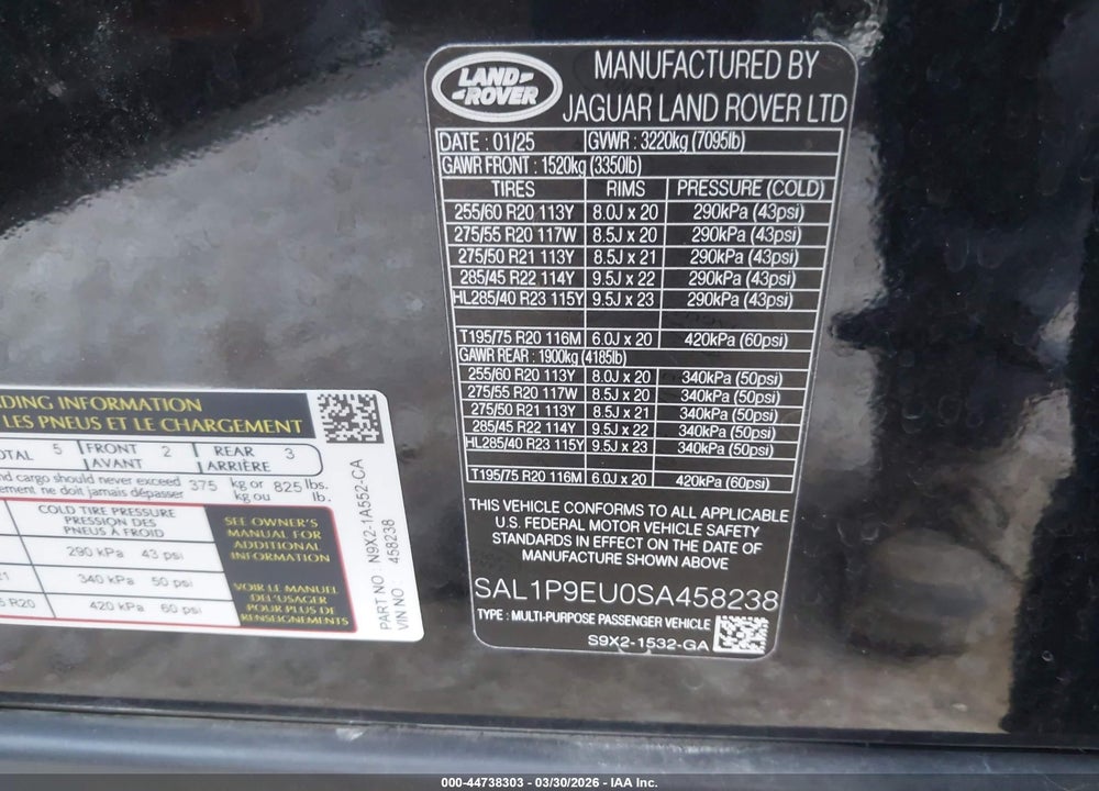 2025 LAND ROVER RANGE ROVER SPORT P360 SE VIN: SAL1P9EU0SA458238