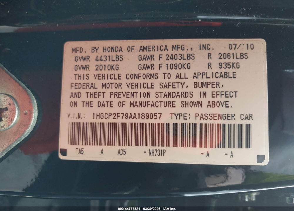 2010 HONDA ACCORD 2.4 EX VIN: 1HGCP2F79AA189057