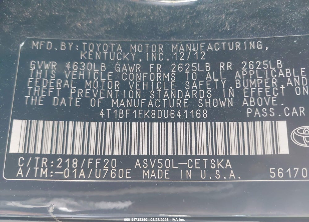 2013 TOYOTA CAMRY SE VIN: 4T1BF1FK8DU641168