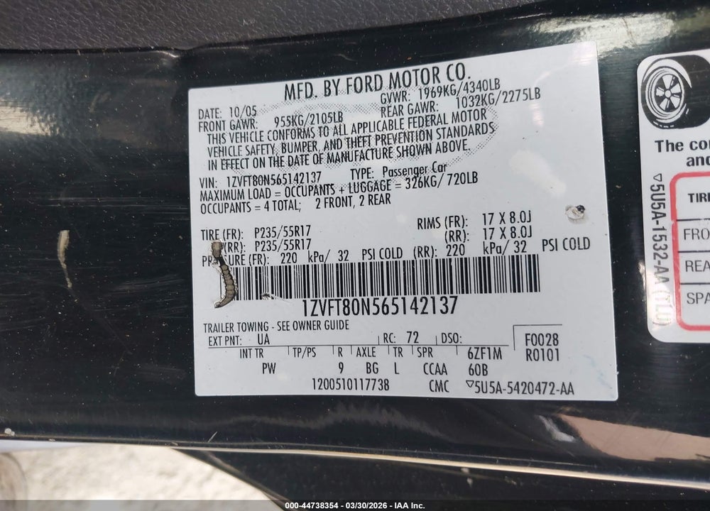 2006 FORD MUSTANG V6 VIN: 1ZVFT80N565142137