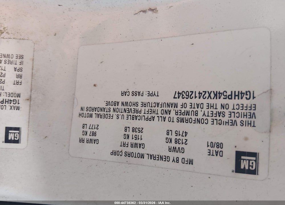 2002 BUICK LESABRE CUSTOM VIN: 1G4HP54KX24126347