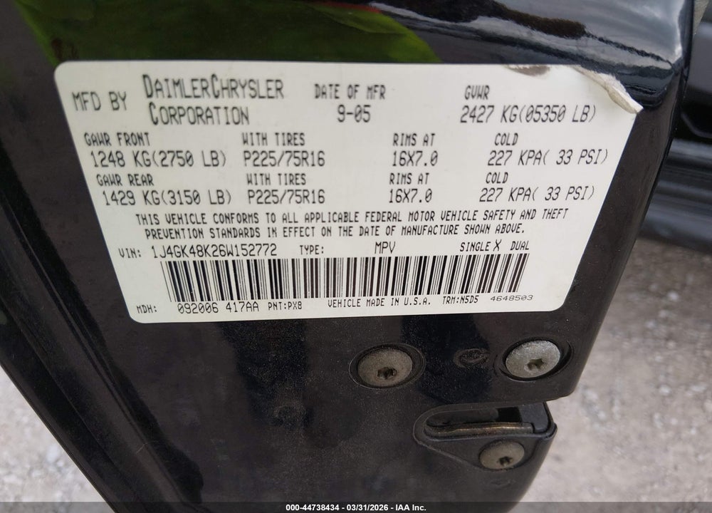 2006 JEEP LIBERTY SPORT VIN: 1J4GK48K26W152772