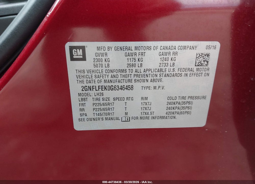 2016 CHEVROLET EQUINOX LT VIN: 2GNFLFEK0G6346458