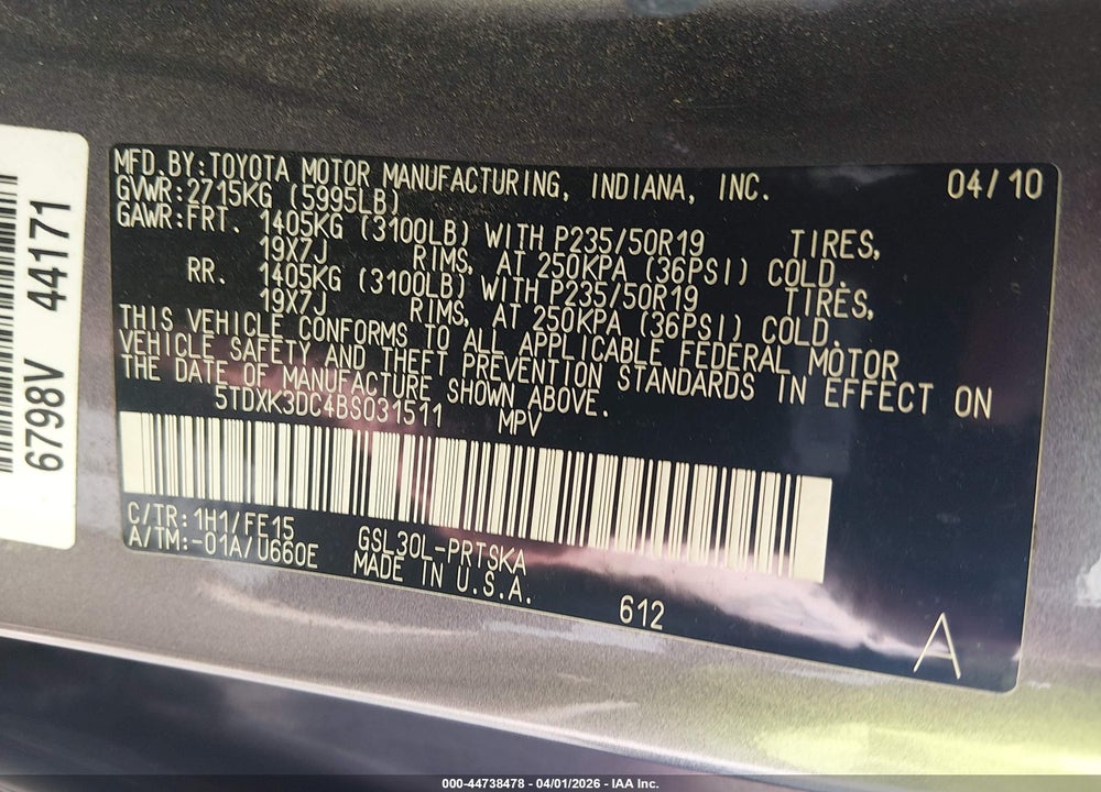 2011 TOYOTA SIENNA SE VIN: 5TDXK3DC4BS031511