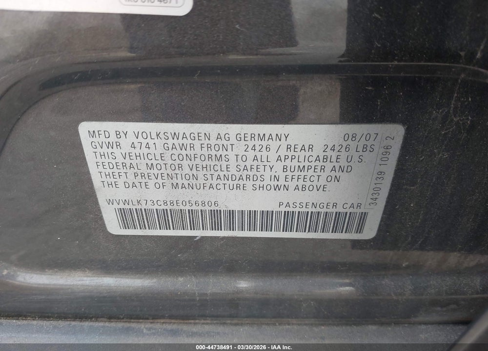 2008 VOLKSWAGEN PASSAT KOMFORT VIN: WVWLK73C88E056806