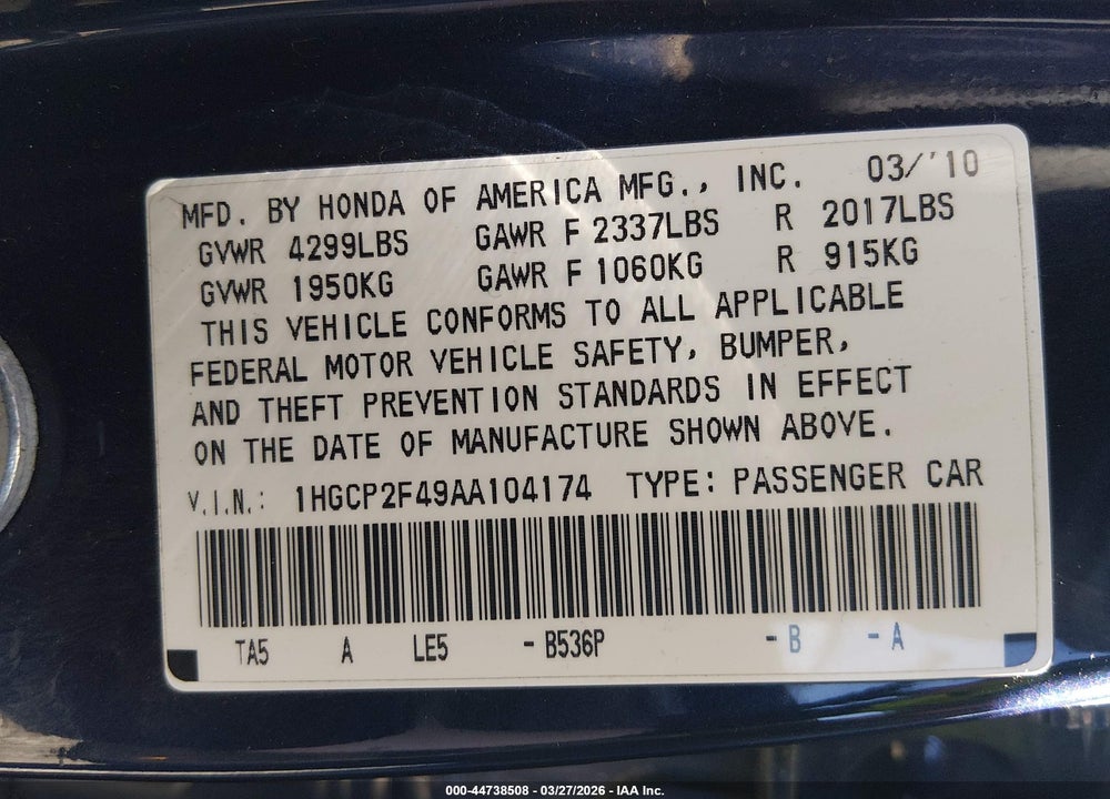 2010 HONDA ACCORD 2.4 LX-P VIN: 1HGCP2F49AA104174