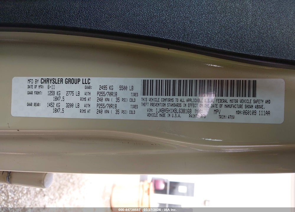 2011 JEEP WRANGLER UNLIMITED SAHARA VIN: 1J4BA5H1XBL638168