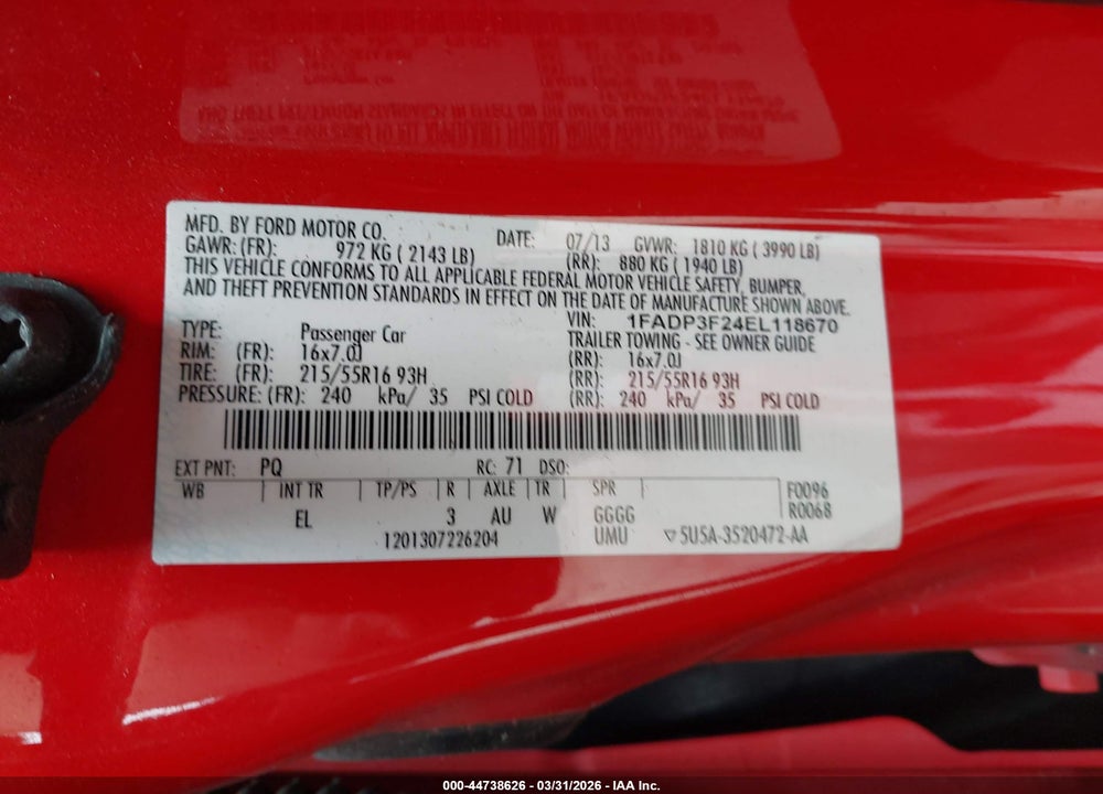 2014 FORD FOCUS SE VIN: 1FADP3F24EL118670