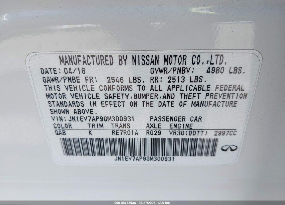 2016 INFINITI Q50 3.0T PREMIUM VIN: JN1EV7AP9GM300931
