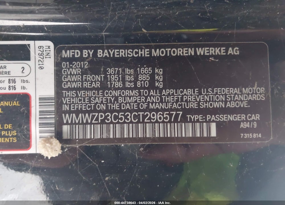 2012 MINI COOPER S VIN: WMWZP3C53CT296577