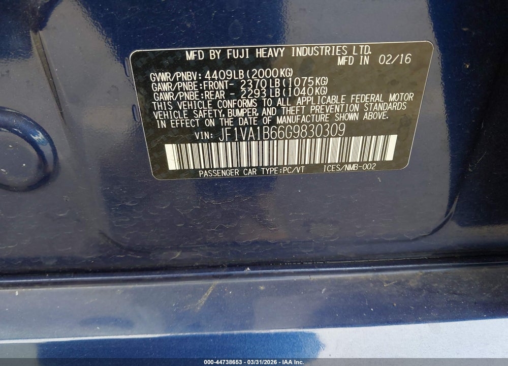 2016 SUBARU WRX VIN: JF1VA1B66G9830309