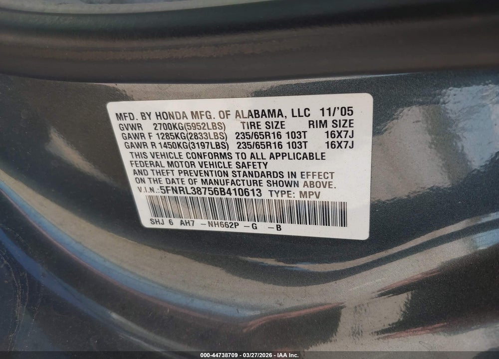 2006 HONDA ODYSSEY EX-L VIN: 5FNRL38756B410613