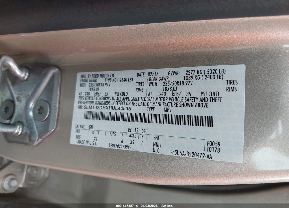 2017 LINCOLN MKC SELECT VIN: 5LMTJ2DHXHUL44535