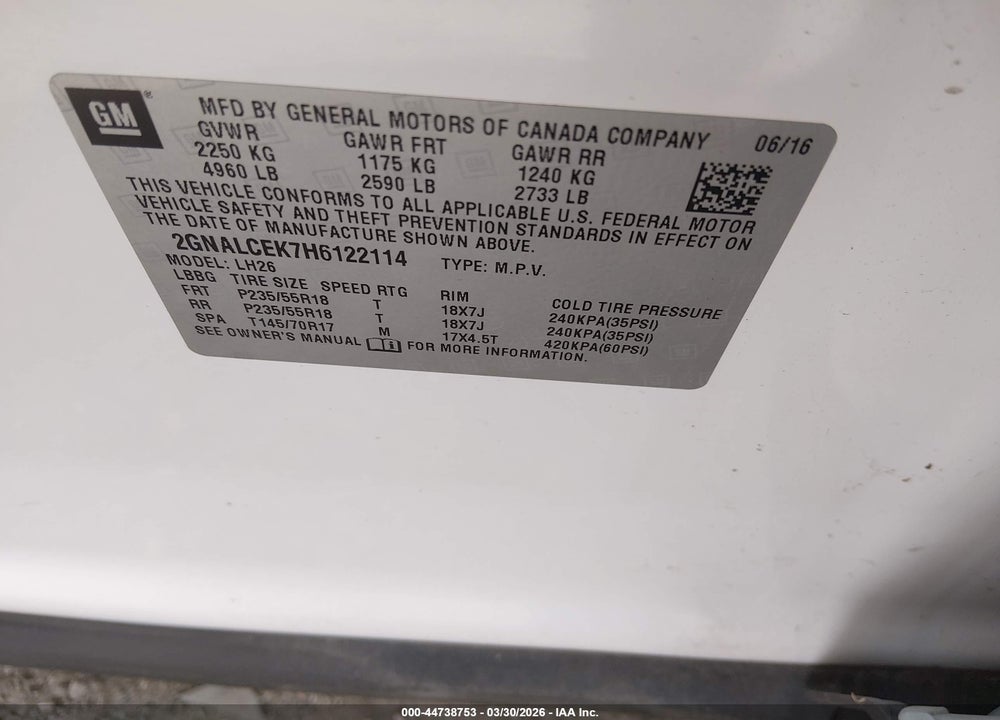 2017 CHEVROLET EQUINOX VIN: 2GNALCEK7H6122114