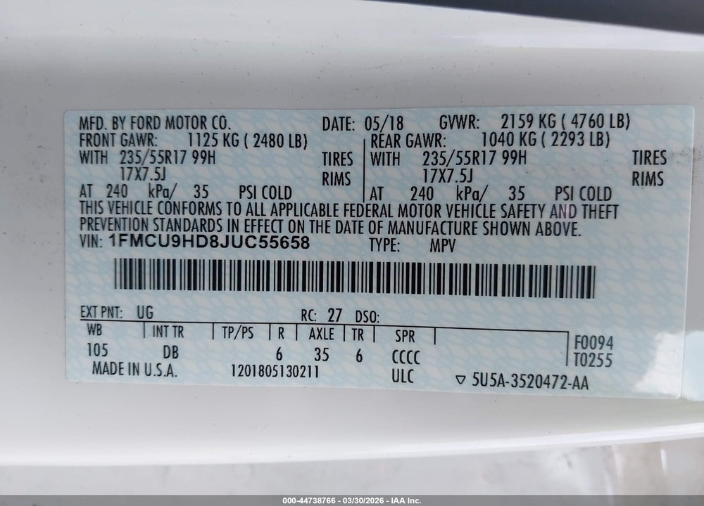 2018 FORD ESCAPE SEL VIN: 1FMCU9HD8JUC55658
