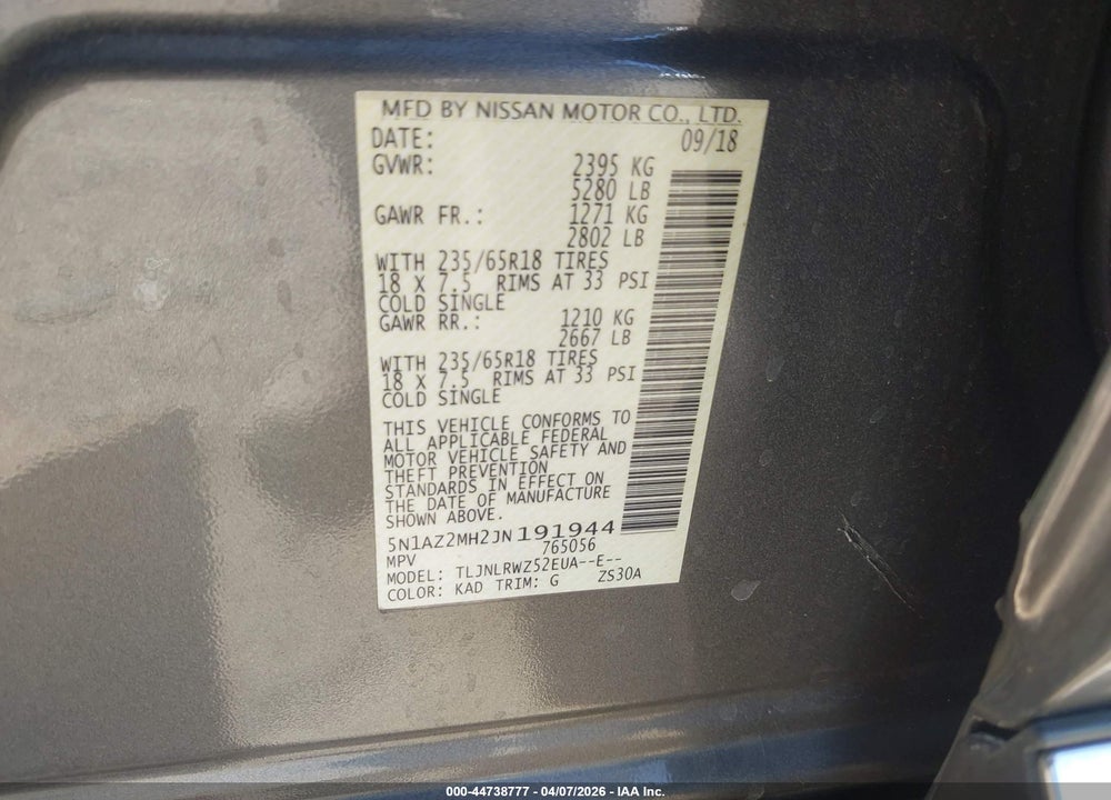 2018 NISSAN MURANO SL VIN: 5N1AZ2MH2JN191944