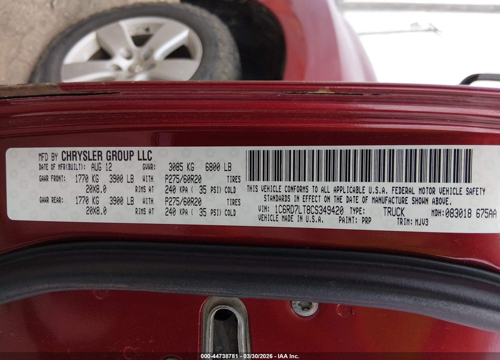 2012 RAM 1500 SLT VIN: 1C6RD7LT8CS349420