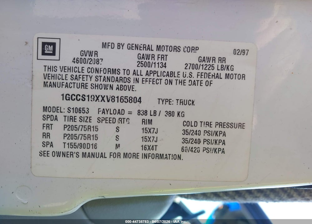 1997 CHEVROLET S-10 LS FLEETSIDE VIN: 1GCCS19XXV8165804