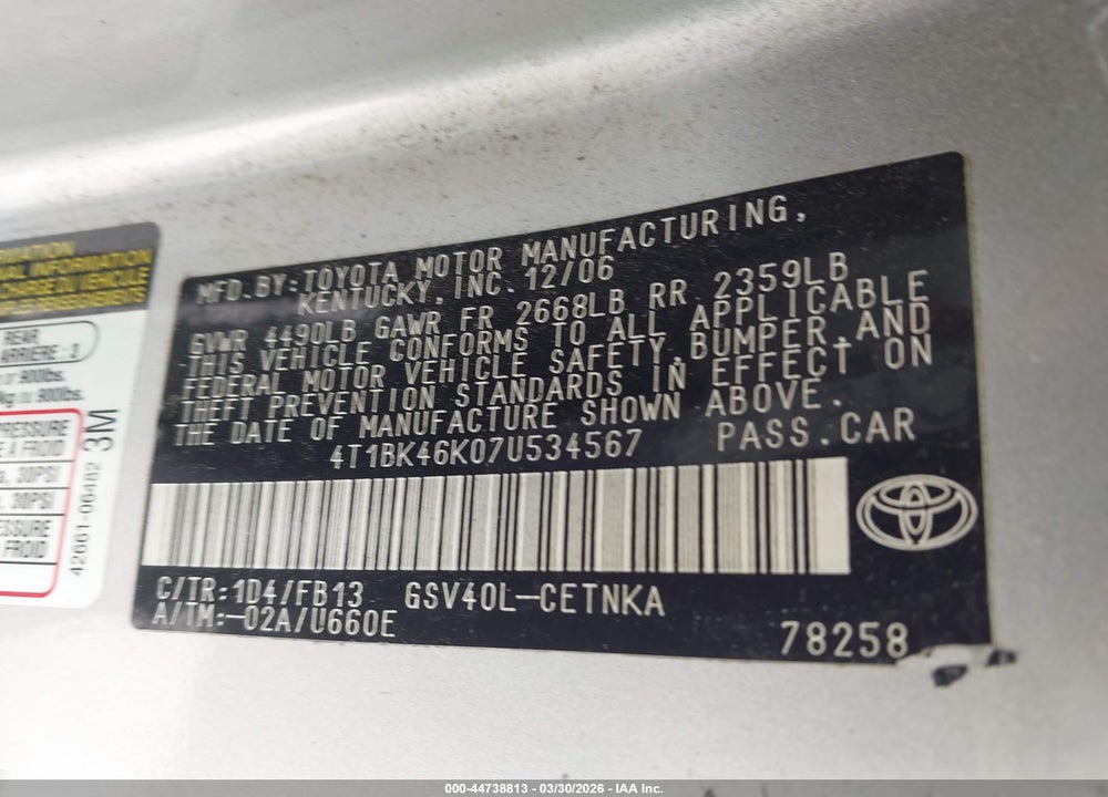 2007 TOYOTA CAMRY LE V6 VIN: 4T1BK46K07U534567